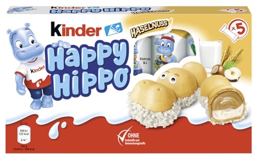 kinder Happy Hippo Haselnuss – Knusprige Waffelspezialität mit Milch- und Haselnusscreme – 1 Packung mit je 5 Einzelriegeln à 20,7g