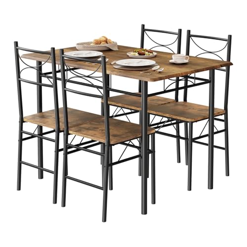 WOLTU Esstisch mit 4 Stühlen, Essgruppe Set für 4 Personen, Sitzgruppe Küche Esszimmer, Küchentisch, mit Metallgestell, MDF, Vintage Braun