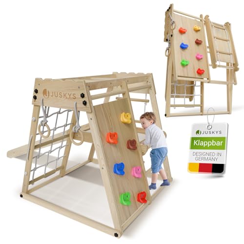 Juskys Mini Klettergerüst für Kinder - Indoor Spielplatz mit Rutsche, Kletterwand, Kletternetz & Turnringe - Holz Kletterturm klappbar - Natur