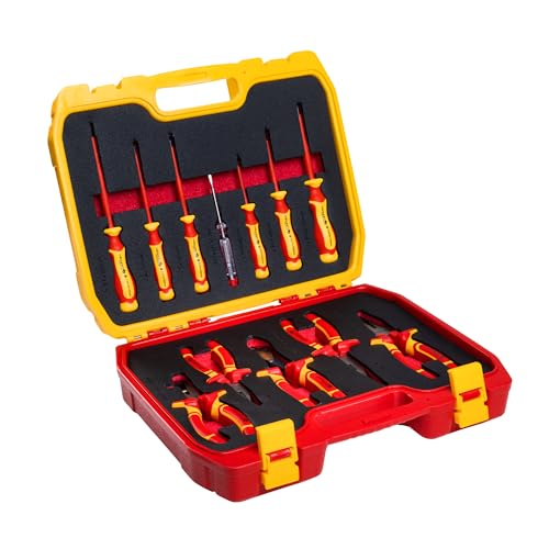 HÖGERT TECHNIK 12er-Set Elektriker Werkzeug Set isolierter 1000V Hand Screwdriver, Schlitz und Kreuz Schraubendreher, Zangen, Spannungsprüfe, Kunststoffkoffer Werkzeugsatz