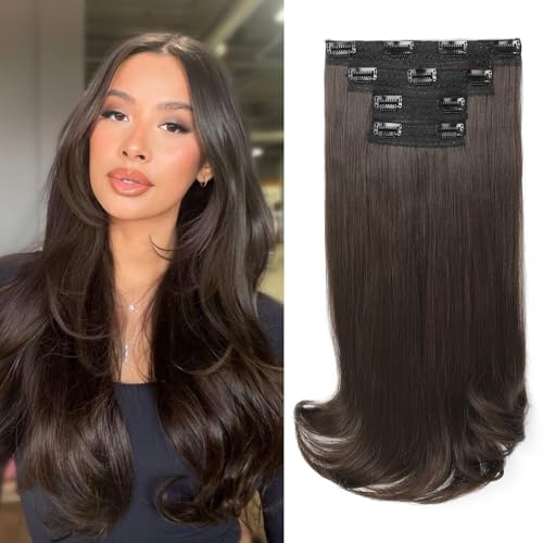 REECHO Clip-in Extensions - 4PC Hair Extensions Clip in Haarverlängerungen 40 cm, Layer-Cut, natürlich aussehende Haarteile mit unsichtbarem weichem Tressenband - Schokobraun