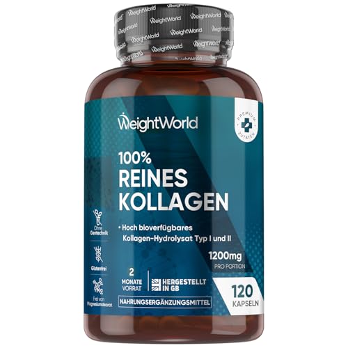 Kollagen Kapseln - 1200mg reines Marine Collagen Typ I und III - Hydrolysierte Fischkollagen Peptide - 120 Kapseln für 2 Monate Vorrat - Alternative zu Pulver - WeightWorld