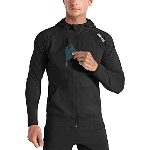 BROKIG Leichte Hoodie Herren,Schnelltrocknende Laufjacke Atmungsaktives Kapuzenpullover Trainingsjacke mit Reißverschluss(Schwarz,XXL)