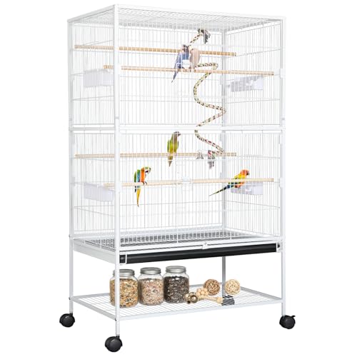 LIFERUN Vogelkäfig groß, Vogelkäfig aus Metall, Vogelbauer mit 4 Rollen, Wellensittich käfig mit Futternapf, Käfigspielzeug, Spring-Schaukel für Vogel mit 2 Türen 4 Holzstangen, 132 x 78 x 52 cm