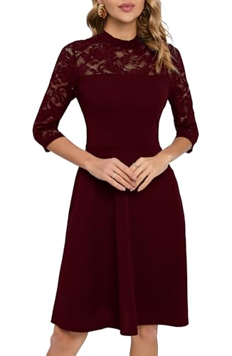 HOMEYEE Damen Elegant Spitze 3/4 Ärmel Rockabilly Kleid Retro Knielang Cocktailkleid für Hochzeit A368 (S, Dunkelrot)