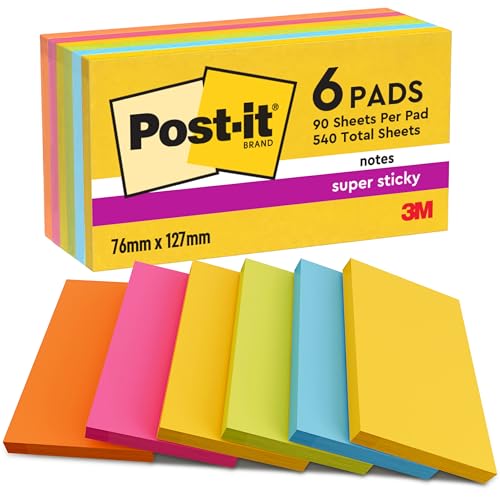Post-it Super Sticky Notes, Packung mit 6 Blöcken, 90 Blatt pro Block, 76 mm x 127 mm, Gelb, Blau, Grün, Pink, Orange - Extra-stark klebende Notizzettel für To-Do-Listen und Erinnerungen