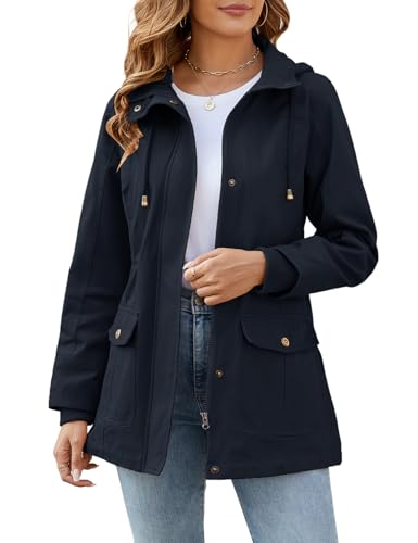 Tuopuda Damen Jacke Frühling Frühlingsjacke Sommerjacke Herbstjacke Hoodie Jacke Reißverschluss Kapuzenjacke Sommermantel Kurzmantel mit Taschen Geschenk für Frauen, Marine, XL