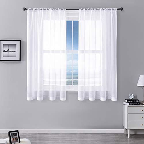 MRTREES Stores Gardine Weiß Wohnzimmer Gardinen modern Schlaufenschal 2er Set 122×140cm (H×B) Vorhänge Leinenoptik halbtransparent Schals Vorhang kurz
