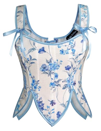SCARLET DARKNESS Damen Renaissance Corset Top Vintage Lace Up Peasant Country Korsage Blau Blumen 36