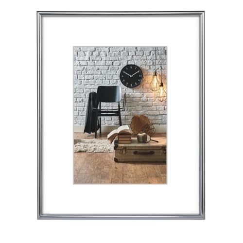 Hama Bilderrahmen 30x40 cm Sevilla (Fotorahmen mit Passepartout-Einleger 20x27 cm, Kunststoff Rahmen mit hochwertigem Glas zum Aufhängen) silber-matt