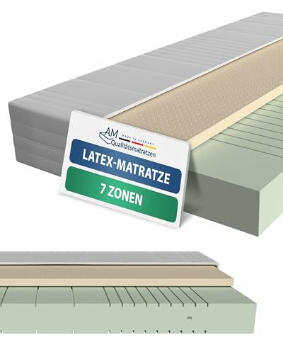 AM Qualitätsmatratzen 7 Zonen Latex Matratze 90x200 H2 - Made in Germany - Oeko TEX zertifizierte Naturlatex Matratze 90x200-20 cm Hoch - Hybridmatratze mit 4cm Latexauflage