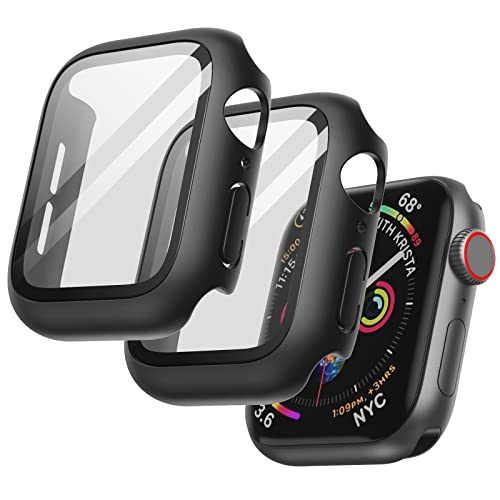 JETech Hülle mit Displayschutz für Apple Watch SE 3/2/1 (2025/2022/2020) / Series 6 5 4 44mm, Gesamt Schutzhülle, Eingebaut Gehärtetes Glas Schutzfolie Hoch Empfindlichkeit, 2 Stück (Schwarz)