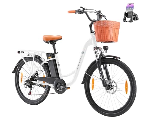 ttgo C2 26 Zoll Citybike mit Korb, E Bike mit 250W Motor und 36V 14.5AH Abnehmbarem Akku, 25KM/H, bis zu 100km, 6-Gang Elektrofahrräder für Erwachsene Herren und Damen Stadtpendler (Weiß)