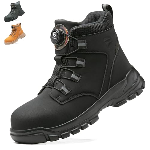 KOIFISH Sicherheitsstiefel Herren Damen Leicht Arbeitsschuhe Hoch Sicherheitsschuhe Rutschfest Drehverschluss Stahlkappenschuhe Schwarz 43