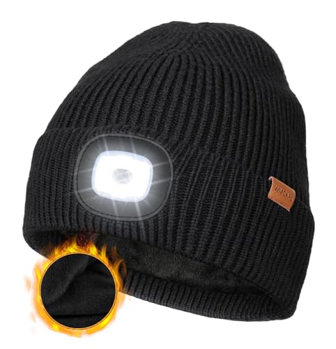 Wmcaps Mütze mit LED Licht, Wintermütze mit Dickem Warmen Futter, Integrierte Beleuchtete Type-C Wiederaufladbare Freisprech-Stirnlampe, Geschenke für Männer Frauen, Schwarz