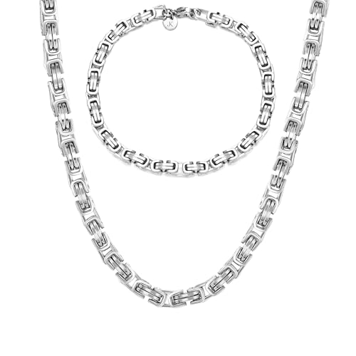 KIM JOHANSON® Edelstahl Herren Königskette Set in Silber | Armband und Halskette | Breite Kette für Männer | Wasserfest | Dicke Armkette | Verschiedene Längen | 5mm Breit | Massive Silberkette (50 CM)