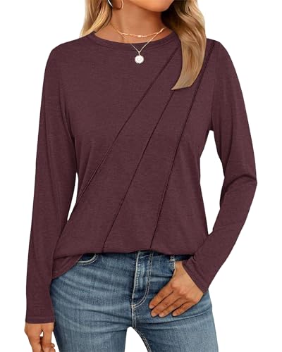 WNEEDU Damen Langarmshirt Lose Rundhals Pullover Damen Sweatshirt Oberteile Herbst Winter Casual Falten Tunika Tops Weinrot M