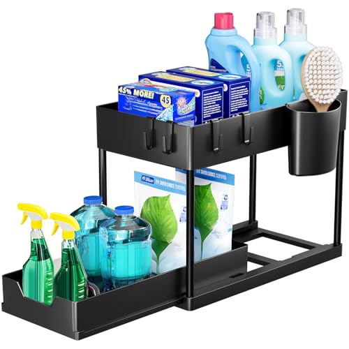 Puricon Unter Waschbecken Regal Spülschrank Organizer, 2 Etagen Standregal Küche Arbeitsplatte Regal Organizer, Mehrfunktional Küchenregal Gewürzregal Unterschrankregal Spülschrankregal -Schwarz