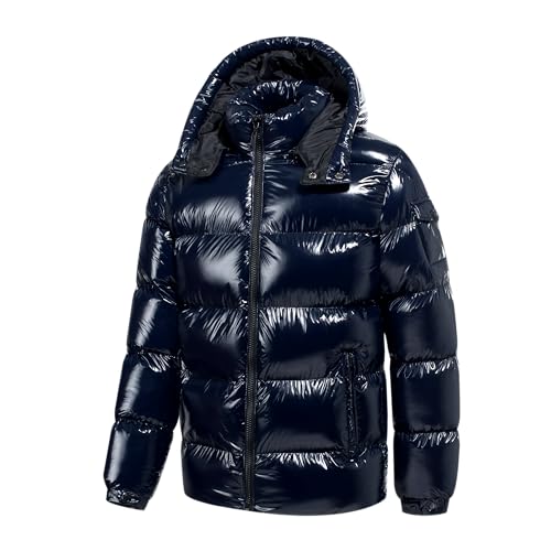 TONY BACKER Kurze Daunenjacke für den Winter, glänzend, für Herren, winddicht, wasserdicht, mit abnehmbarer Kapuze, 2615, Marineblau, L