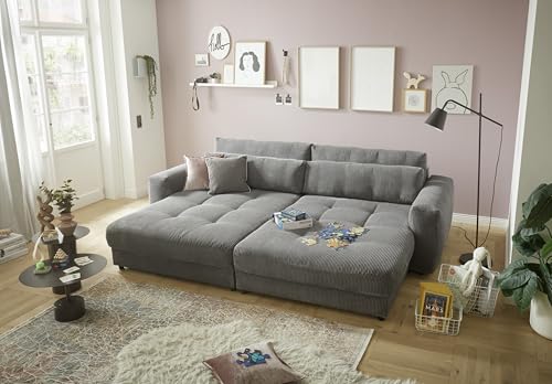Big Sofa BARURA Cord dunkelgrau – XXL Couch mit großer Liegefläche, modernes Sofa 292x194 cm inklusive Nierenkissen