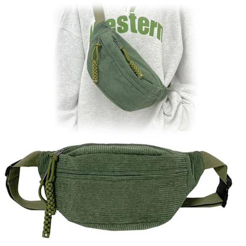 Bauchtasche Cord Umhängetasche Cord Modische Hüfttasche Freizeit Sport Hüfttaschen Crossbody Bag Grün mit Schultergurt Einstellbar Unisex für Damen, Herren