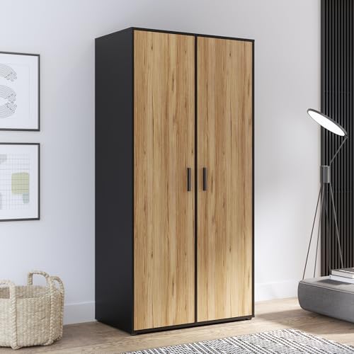 FORTE Jupiter Kleiderschrank 95, Industrial-Stil Schrank mit 2 Türen, Holzwerkstoff, Eiche Dekor/Schwarz, 94,7 cm breit, 190,5 cm hoch, 52,7 cm tief