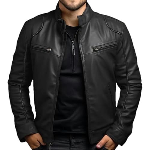 GaoLeAve Frühling Sommer Herrenbekleidung Lederjacke Herren Stehkragen Punk Ledermantel Herren Frühling und Herbst Lederjacke Black L