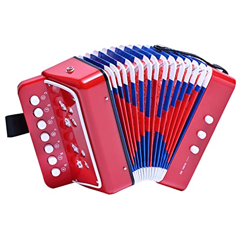 LIEKE Kinder Akkordeon 10 Tasten Knopf Spielzeug Accordion Ziehharmonika Musikinstrument Geschenk für Kinder Erwachsene Anfänger (Rot)