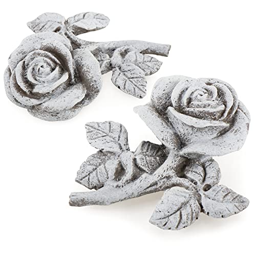 com-four® 2X Grabdekoration Rose - Gedenkstein der Hoffnung und Reinheit - Blumen-Trauerstein - wetterfester Grabschmuck - Gartendekoration in Steinoptik - Erinnerungsstein (2 Stück - Rose)