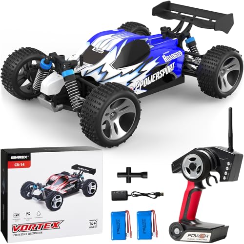 SIMREX 1:18 Scale All-Terrain Ferngesteuertes Auto, 45 km/h, 4WD mit 2.4 GHz Fernbedienung, RC Auto mit 2 wiederaufladbaren Batterie, Geschenk für Kinder und Erwachsene, Blau
