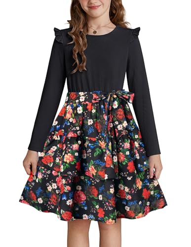 GRACE KARIN Festliche Mädchen Kleider Rundhals Langarm Blumenmuster Casual Partykleid Schwarz mit Rot Blume 12Jahre