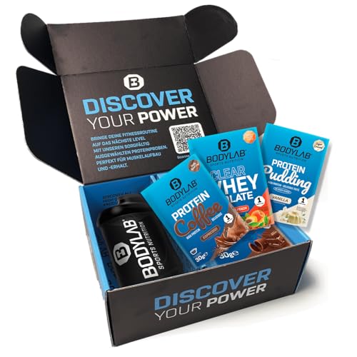 Bodylab24 Discovery Box, 6 x 30g Proteinpulver Probierpaket inkl. Shaker, mit 3 x Whey Protein und je 1 x Protein Coffee, Clear Whey Isolate und Protein Pudding, ideal zum Probieren