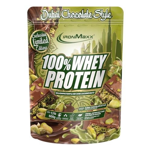 IronMaxx 100% Whey Protein Pulver 500g - Dubai Chocolate | Cremiger Eiweißshake mit BCAAs & EAAs | High Protein, Low Carb & zuckerarm | Ideal für Muskelaufbau & Fitness