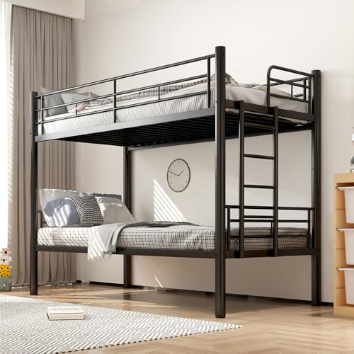 MOHQZA Etagenbett 90x200 - Bunk Bed mit Treppe und Rausfallschutz - Stockbett Metall mit Lattenrost - Umbaubar zu 2 Einzelbetten - Hochbett für Kinder Jugendliche und Erwachsene (Schwarz)