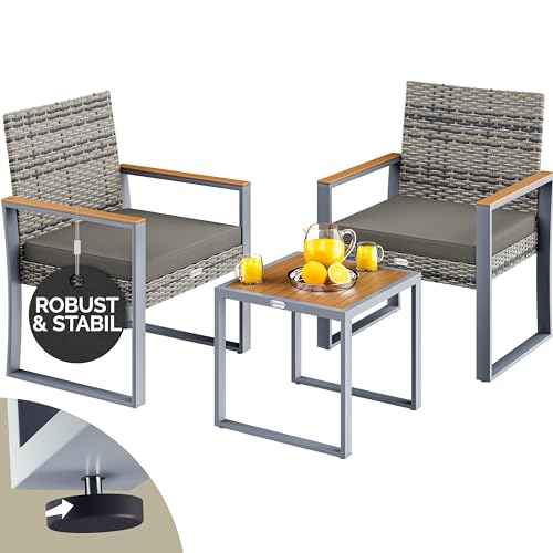 Casaria® Balkonmöbel Set Polyrattan Holz Akazie Wetterfest 2 Stühle Tisch Auflagen 160kg Belastbarkeit Verstellbar Terrasse Balkon Möbel Lounge Outdoor