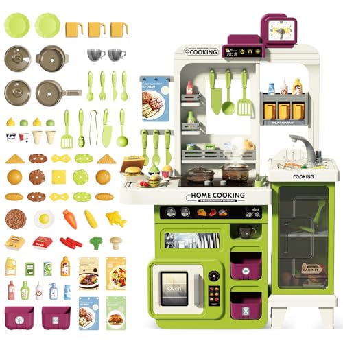 deAO Spielküche Küchenset mit Licht Ton Wasser Dampf und Küchenzubehör, 68 Stck. Kinder-Küchenspielset mit Großer Speicherschrank, Herd, Spüle, Backofen, Essen, Küche Spielzeug ab 3 Jahren (Grün)