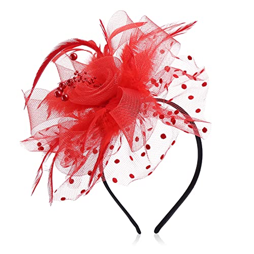 Sibba Damen Fascinator Hut Blume, Mesh Federn Stirnband Tea Party Clip Kopfbedeckung Haarschmuck für Party Kirche Hochzeit für Frauen Mädchen Rot