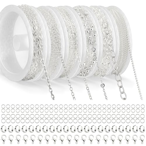 Draupnir 14m 6 Rollen Gliederkette Silber, Schmuckketten zum Basteln, Gliederkette Meterware, Halskettenketten Zubehör mit Ringen und Karabinerverschlüssen und U Ringen für Schmuck DIY Herstellung