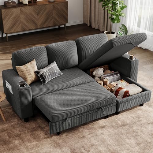 LINSY HOME Schlafsofa Ausziehbarer Couch, Ecksofa mit Schlaffunktion, Stauraum, Cord-Bezug L-Form Modulare Sofas mit Chaiselongue für Wohnzimmer und Wohnungen (Dunkelgrau, L-Form)