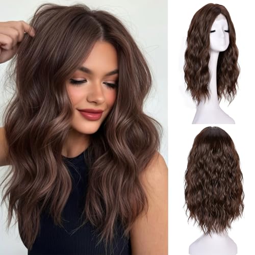 ISAMY 18Inch Perücken für Frauen mittleren Teil synthetisches Haar gewellt Perücke für den täglichen Gebrauch (Braun)