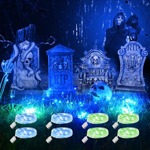 Efymosce 4 Stück Halloween Glühendes Grabsteine Deko mit 8 Stück 3 Meter Lichterkette, Wasserdichtes Grabstein Schilde, Dekoration Set für Rasenhof Hinterhof Haunted Friedhof Zombie Party