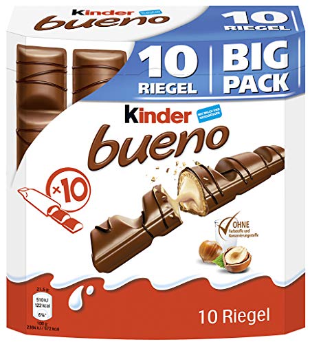 kinder bueno Big Pack – Schokoriegel mit knuspriger Waffel, feiner Milch-Haselnuss-Cremeund zarter Vollmilchschokolade – 1 Großpackung mit 10 einzeln verpackten Riegeln (10 x 21,5 g)