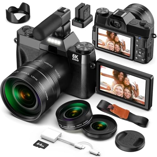 Digitalkamera 6K 64MP Kamera Fotokameras mit WiFi, 64GB TF Karte, Mikrofon, Autofokus, 16X Zoom,180° Klappbarem Display für Selfies Kompaktkamera für YouTube, Anfänger, Makro und Weitwinkelobjektiv