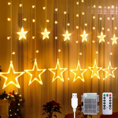 CNMTCCO Weihnachtsbeleuchtung Fenster Innen, 12er Sterne Lichtervorhang 2.5mx1m Lichterkette Fenster mit Timer 8 Funktionen USB ＆ Batteriebox, LED Sternevorhang Weihnachtsdeko, Warmweiß