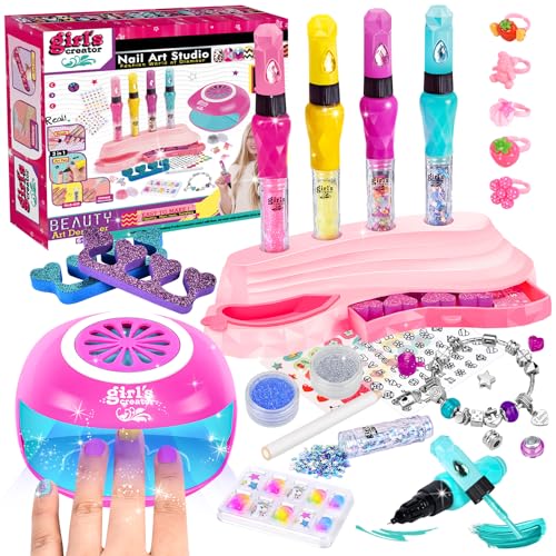 Herenear Nagelstudio Kinder Mädchen Nageldesign Set, Peel Off Nagellack, Nageltrockner für Mädchen Geburtstag Geschenk 6-12 Jahre