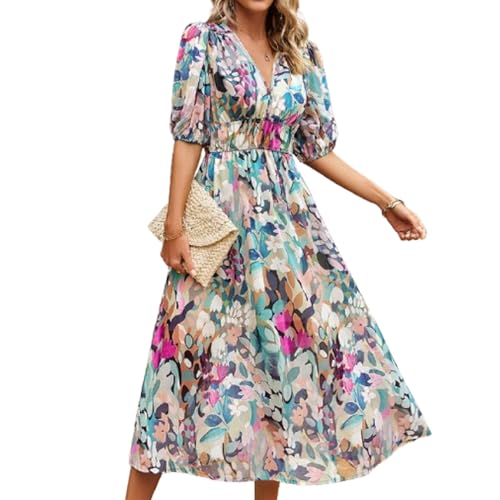 BSLVWG Bohemian Maxi Kleid Damen V-Ausschnitt Blumendruck Hohe Taille Boho Sommer Strand Flowy Swing Urlaub Lange Midi Kleider (DE/NL/SE/PL, Alphanumerisch, XL, Regular, Regular, Bunt)