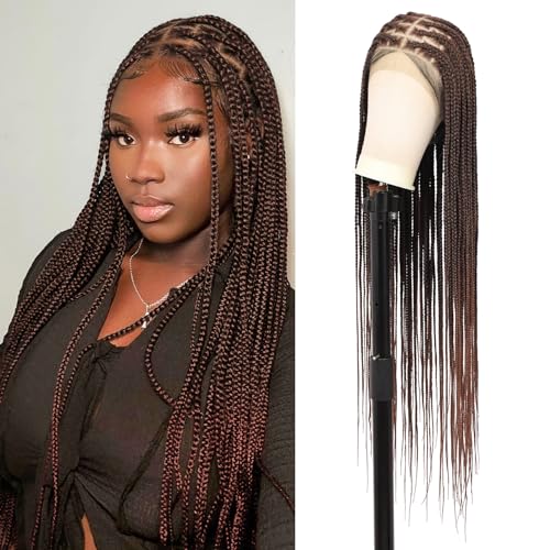 Brinbea 360° HD Lace-Front-Zopfperücke, knotlose Box Braids mit Baby Hair, 91 cm lang, aus braunem Echthaar-Mix, für Damen