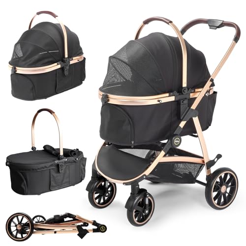 DAISTERN Hundebuggy klappbar bis 25KG, Leichter Alu-Rahmen, 360°schwenkbares EVA-Vorderrad mit Stoßdämpfer & Feststellbremse, 4-in-1 Hundewagen für Waldspaziergang, Stadtbummel & Tierarztbesuch