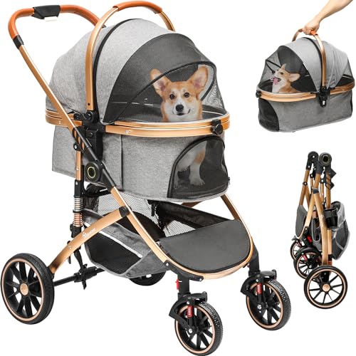 YITAHOME Hundewagen 3 in 1 Hundebuggy Bis 22kg, Klappbar, Hundewagen für Kleine Hunde, Hundebuggy Kleine Hunde, Hunde Buggy, katzenwagen, Faltbar Hund Kinderwagen, Tragbarer Kinderwagen (Grau)