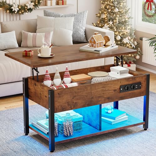 YITAHOME Couchtisch mit Anhebbarer Platte, Leicht Anzuheben, 2-Stufiger Stauraum, Höhenverstellbarer Couchtisch mit Verstecktem Staufach und LED Beleuchtung für Wohnzimmer, Büro, Vintage-Braun
